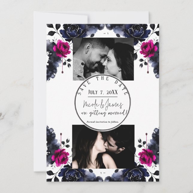Invitation Aquarelle florale rose magenta bleu épais Date de  (Devant)
