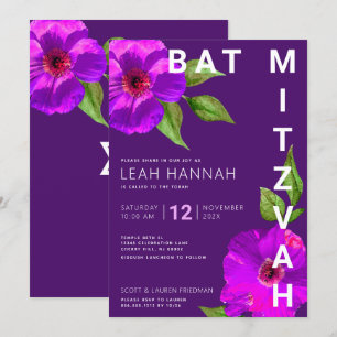 Invitation Aquarelle florale rose moderne violet Bat mitzvah