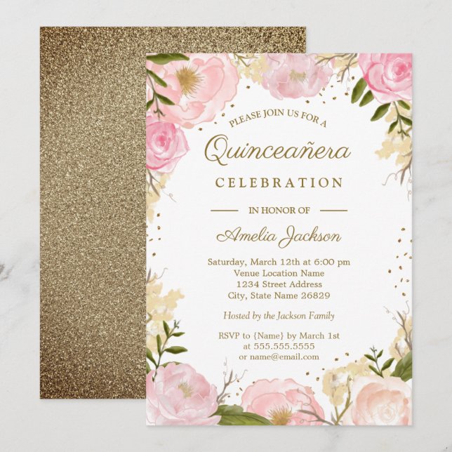 Invitation Aquarelle Florale rose or Quinceanera (Devant / Derrière)