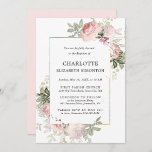 Invitation Aquarelle florale rose pâle Baptême