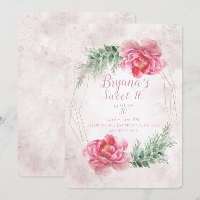 Invitation Aquarelle florale rose pâle Douce 16 Partie (Devant / Derrière)