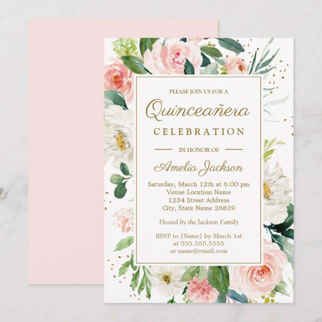 Invitation Aquarelle florale rose pâle Quinceanera (Devant / Derrière)