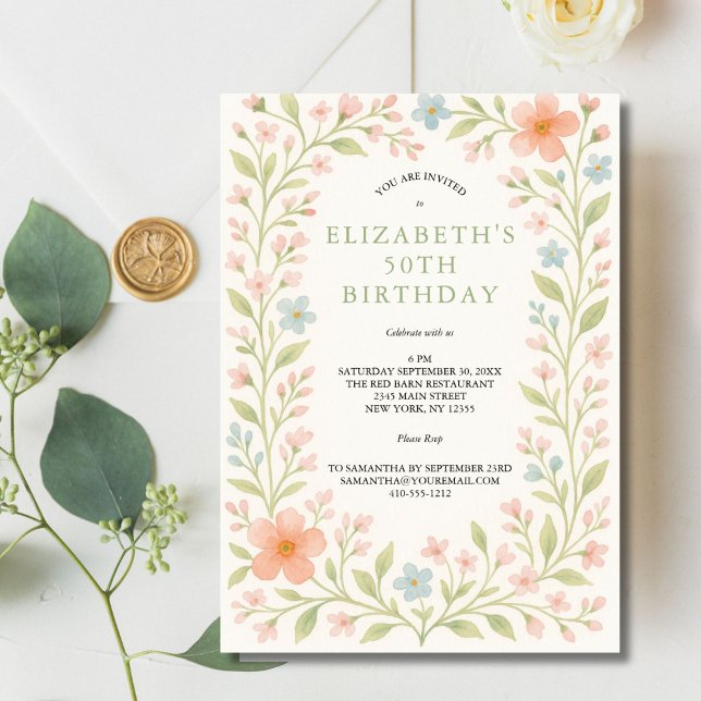 Invitation Aquarelle florale rose pâle Vert Sage 50e (Blush pink, blue, sage green watercolor florals 50th birthday invitation. Printed or Digital )