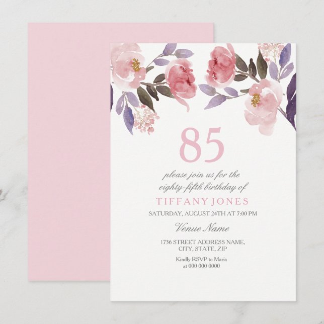 Invitation Aquarelle florale rose Peach 85e anniversaire Invi (Devant / Derrière)
