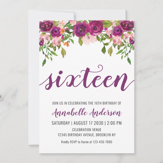 Invitation Aquarelle florale rose pourpre 16e anniversaire (Devant)