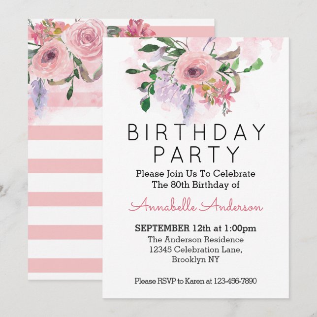 Invitation Aquarelle florale rose rose 80e anniversaire (Devant / Derrière)