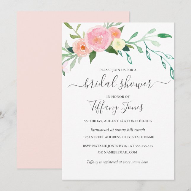 Invitation Aquarelle Florale rose rose rose Fête des mariées  (Devant / Derrière)