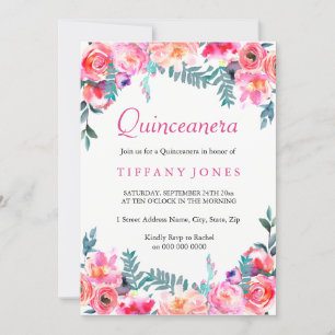 Invitation Aquarelle florale rose tropicale Quinceanera Invit