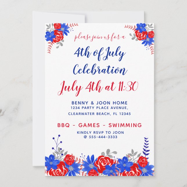 Invitation Aquarelle Florale Rouge Bleu Blanc Moderne Invitat (Devant)