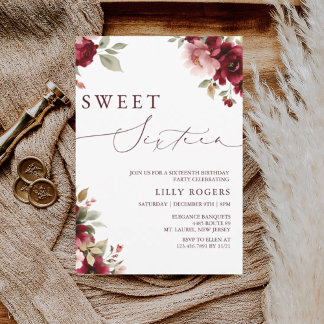 Invitation Aquarelle Florale Rouge Bourgogne Sweet Sixteen