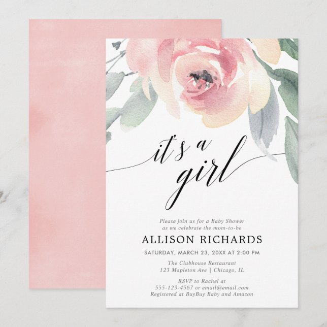 Invitation Aquarelle florale simple baby shower fille (Devant / Derrière)
