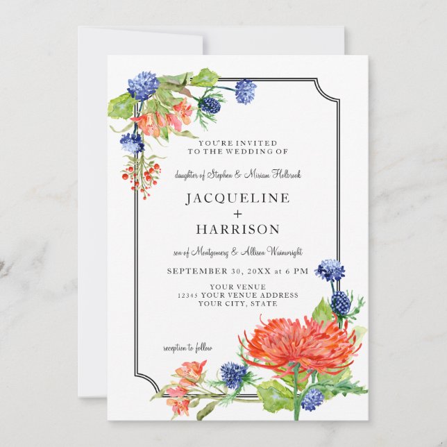 Invitation Aquarelle florale simple Chute Orange Bleu Chardon (Devant)