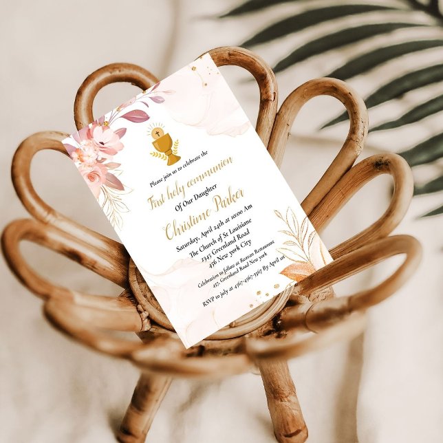 Invitation Aquarelle florale splash première communion sainte (Créateur téléchargé)