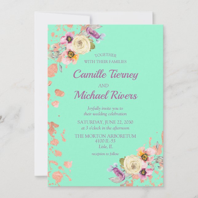 Invitation Aquarelle Florale sur Neo Mint avec or Rose (Devant)