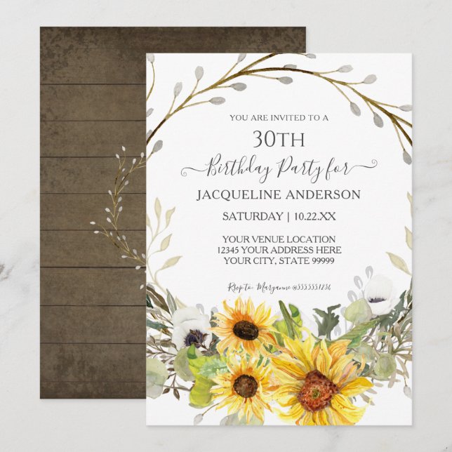 Invitation Aquarelle Florale Tournesol Rustique 30e Anniversa (Devant / Derrière)