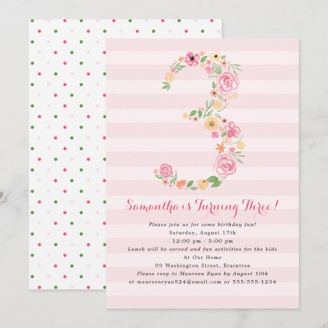 Invitation Aquarelle florale TROIS 3e anniversaire (Devant / Derrière)