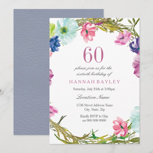 Invitation Aquarelle florale tropicale 60e anniversaire Invit (Devant / Derrière)