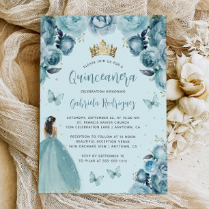 Invitation Aquarelle Florale Turquoise Princesse Quinceañera