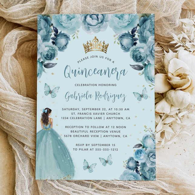 Invitation Aquarelle Florale Turquoise Princesse Quinceañera (Créateur téléchargé)