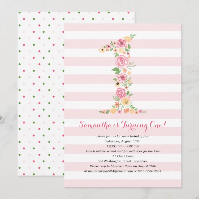 Invitation Aquarelle Florale Un premier anniversaire (Devant / Derrière)