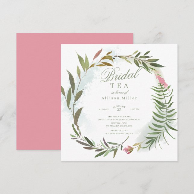 Invitation Aquarelle Florale verte Wreath Thé nuptial (Devant / Derrière)