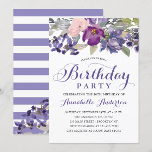 Invitation Aquarelle florale violet fille Script Anniversaire