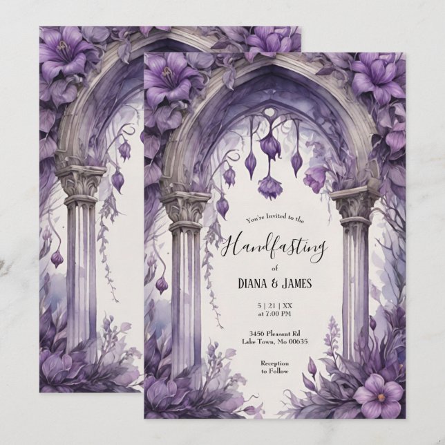Invitation Aquarelle florale violet gothique païen à la main (Devant / Derrière)