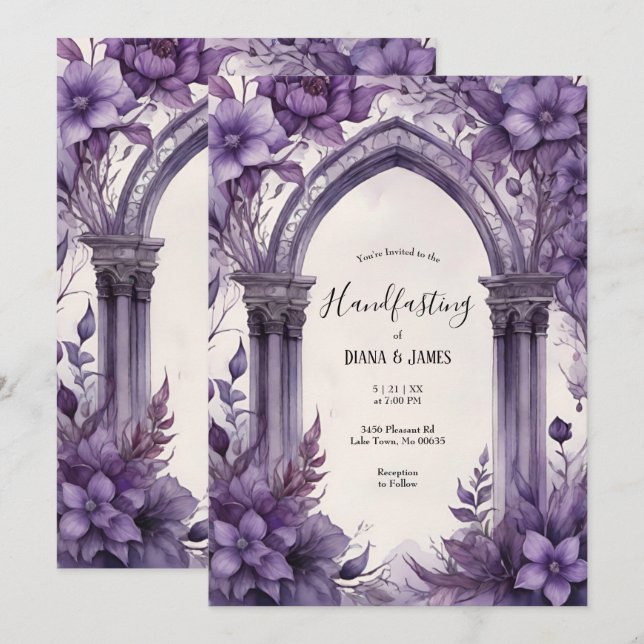 Invitation Aquarelle florale violet gothique païen à la main (Devant / Derrière)