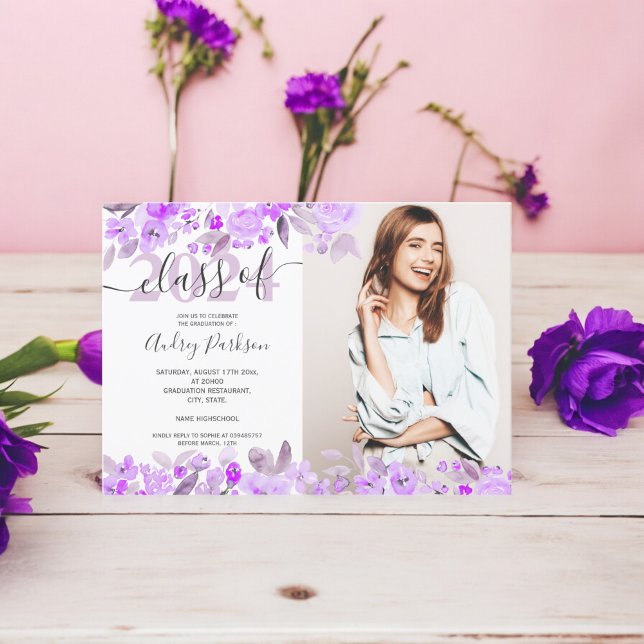 Invitation Aquarelle florale violet lavande graduation photo (Lavender purple floral watercolor photo graduation invitation)