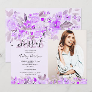 Invitation Aquarelle florale violet lavande graduation photo