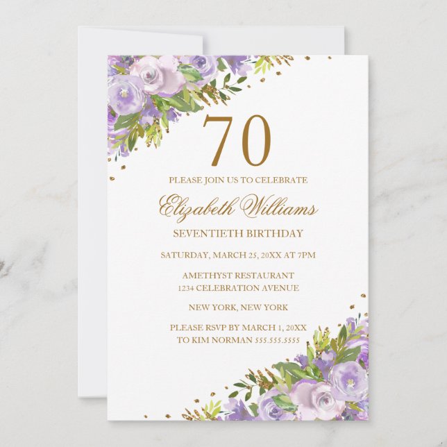 Invitation Aquarelle florale violet or 70e anniversaire (Devant)