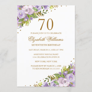 Invitation Aquarelle florale violet or 70e anniversaire