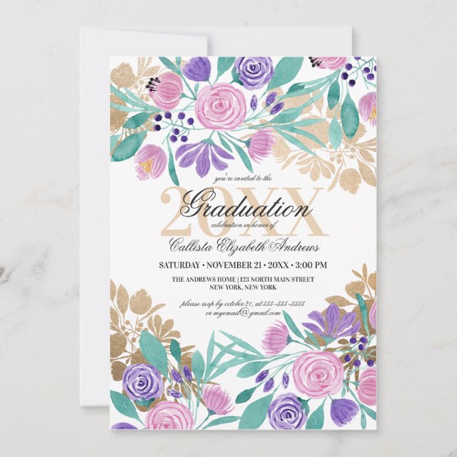 Invitation Aquarelle Florale Violet Rose Or (Devant)