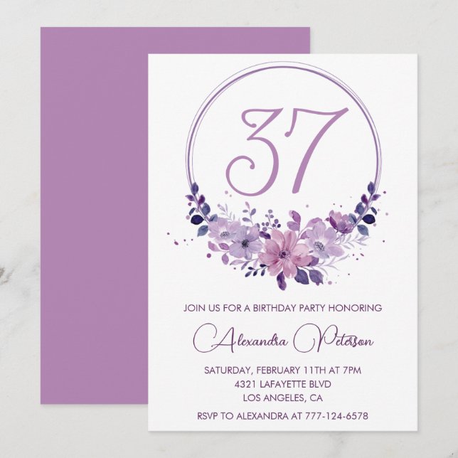 Invitation Aquarelle florale violette Élégante 37e anniversai (Devant / Derrière)