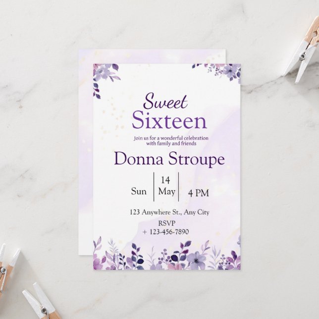 Invitation Aquarelle florale violette et blanche Anniversaire (Devant/Arrière en situation)