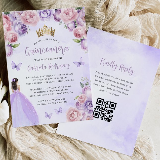 Invitation Aquarelle florale violette QR Code Quinceañera (Créateur téléchargé)