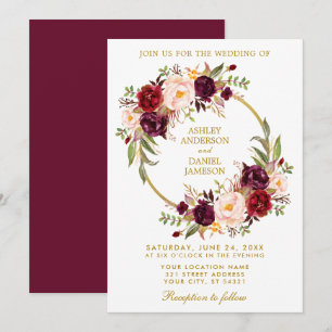 Invitation Aquarelle Florale Wreath Bourgogne Gold Mariage B