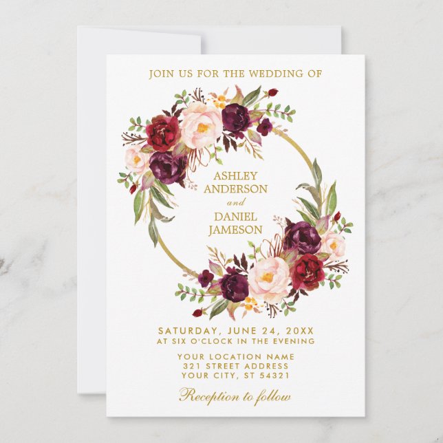 Invitation Aquarelle Florale Wreath Bourgogne Mariage or (Devant)