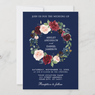 Invitation Aquarelle Florale Wreath Burgundy Bleu Mariage B