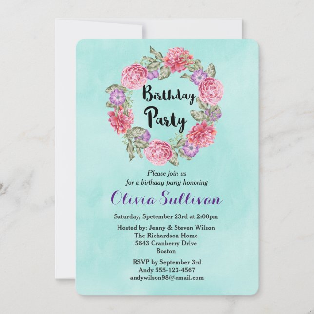 Invitation Aquarelle Florale Wreath Fancy Anniversaire Invita (Devant)