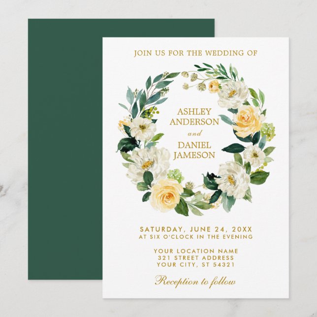 Invitation Aquarelle Florale Wreath Jaune Mariage vert or (Devant / Derrière)