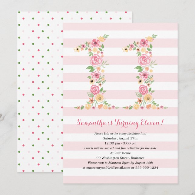 Invitation Aquarelle Florales ELEVEN 11e anniversaire (Devant / Derrière)
