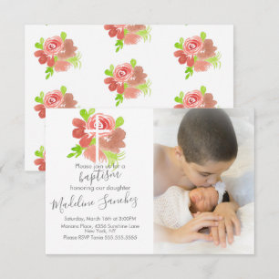 Invitation Aquarelle Florales rose Baptême Baptême Dédication