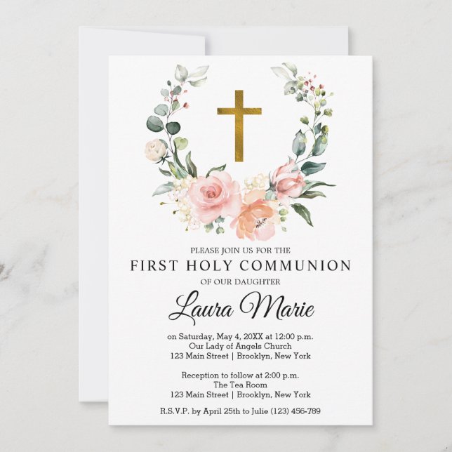 Invitation Aquarelle Florales roses Première communion sainte (Devant)
