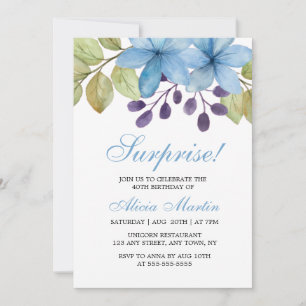 Invitation Aquarelle Flore Bleue N'importe quel âge Surprise 