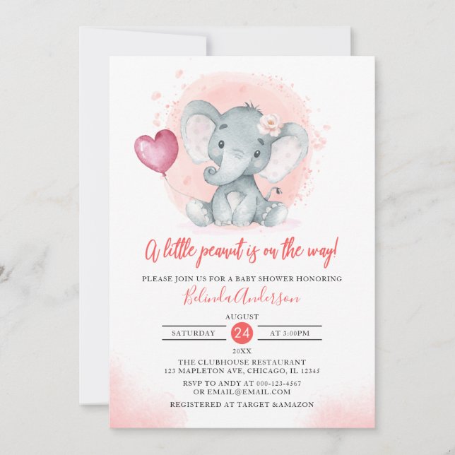 Invitation Aquarelle floue Baby shower Eléphant fille mignonn (Devant)