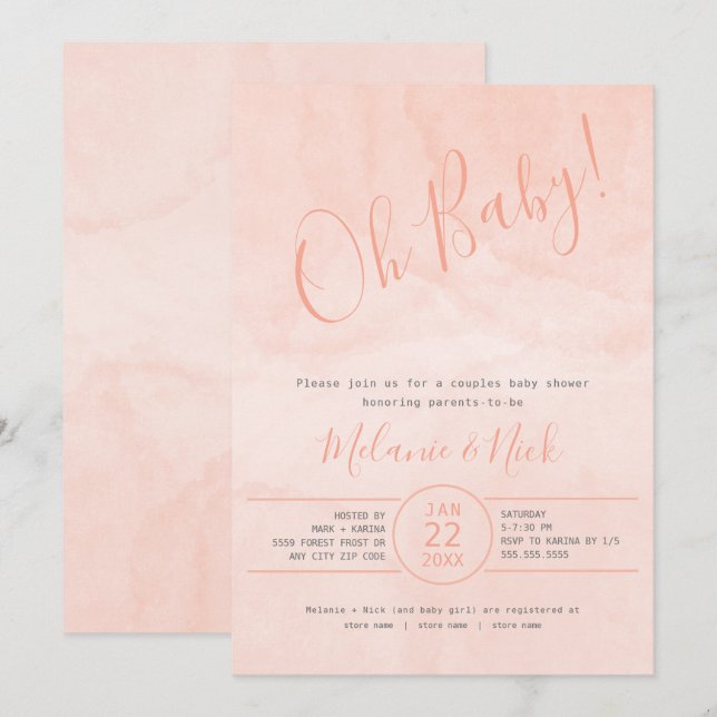 Invitation Aquarelle floue Oh baby shower fille bébé (Devant / Derrière)