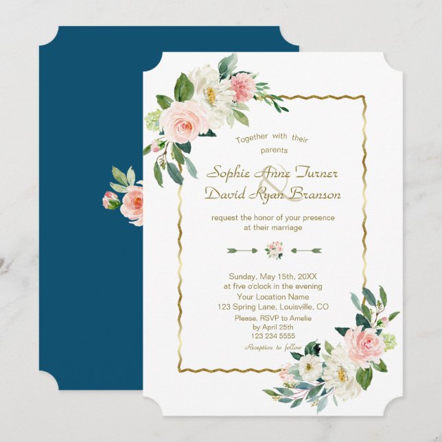 Invitation Aquarelle Flush Flowers Mariage Gold Navy (Devant / Derrière)