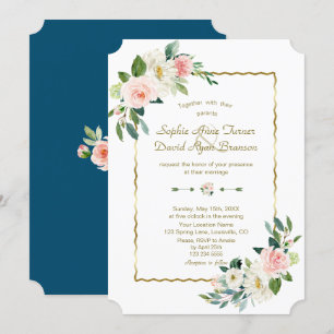 Invitation Aquarelle Flush Flowers Mariage Gold Navy
