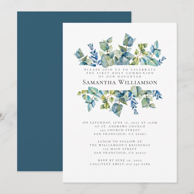 Invitation Aquarelle Foliage Première communion sainte Invita (Devant / Derrière)